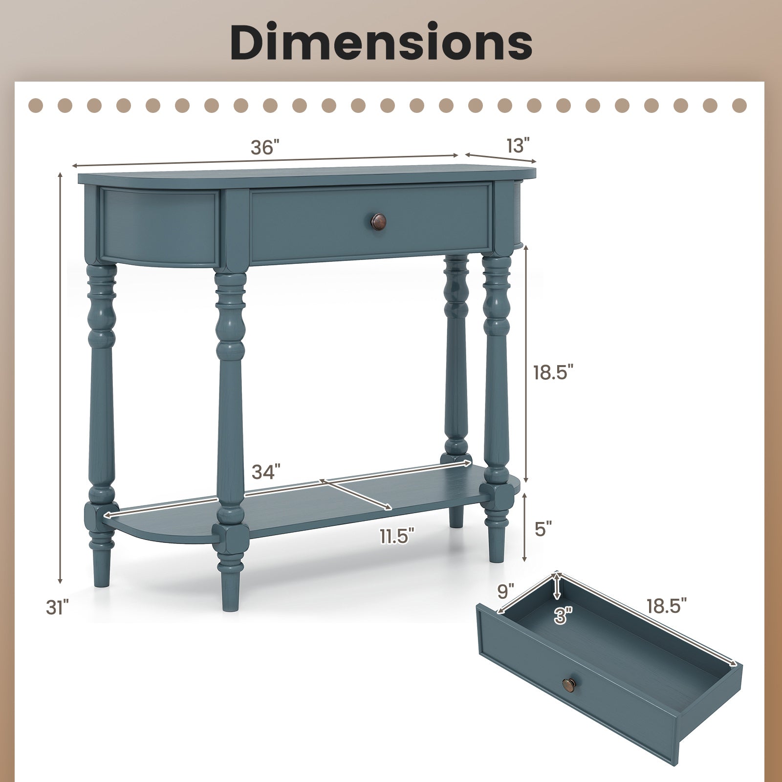 Retro Console Table36"L Wooden 2-Tier Narrow Behind Couch Foyer Table, Blue Console Tables at Gallery Canada