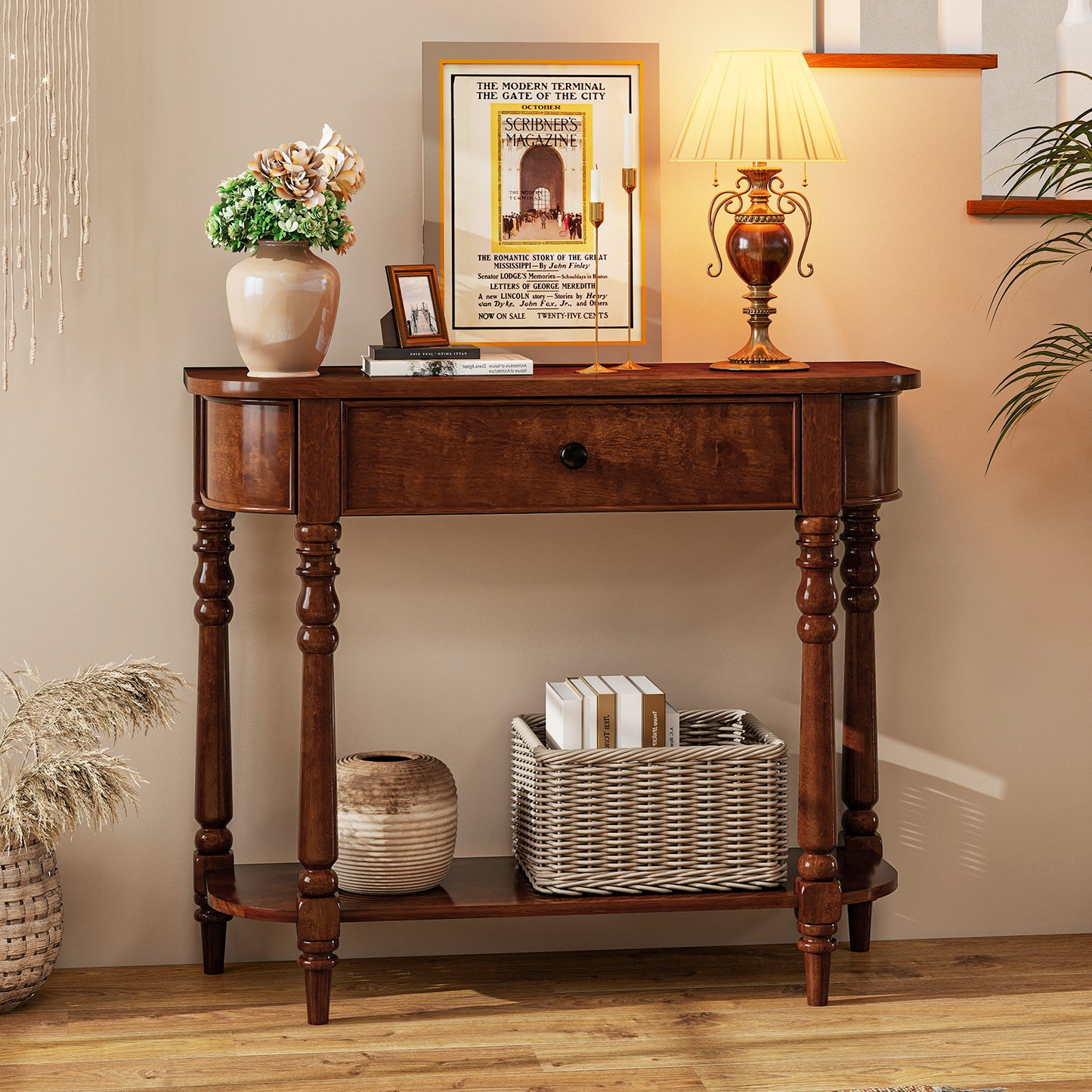 Retro Console Table, 36"L Wooden 2-Tier Narrow, Brown Console Tables at Gallery Canada