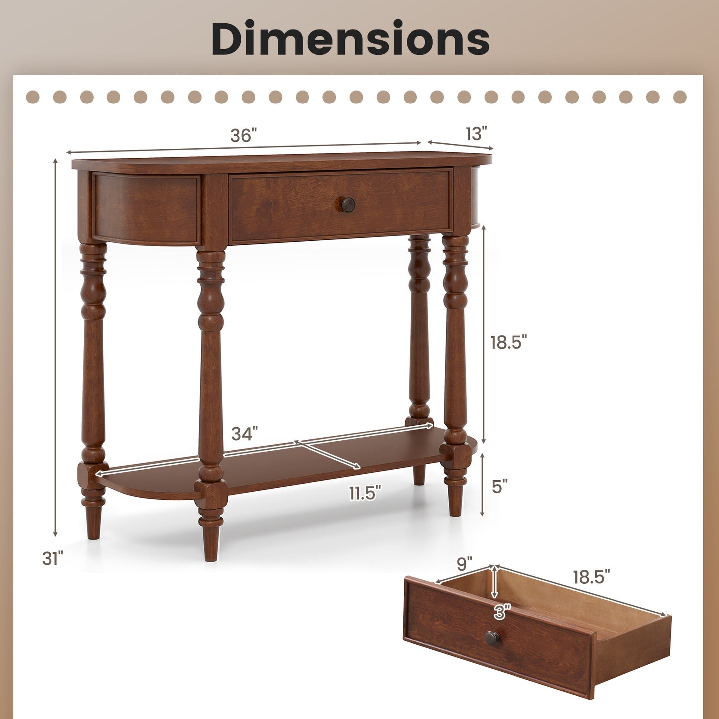 Retro Console Table, 36"L Wooden 2-Tier Narrow, Brown Console Tables at Gallery Canada