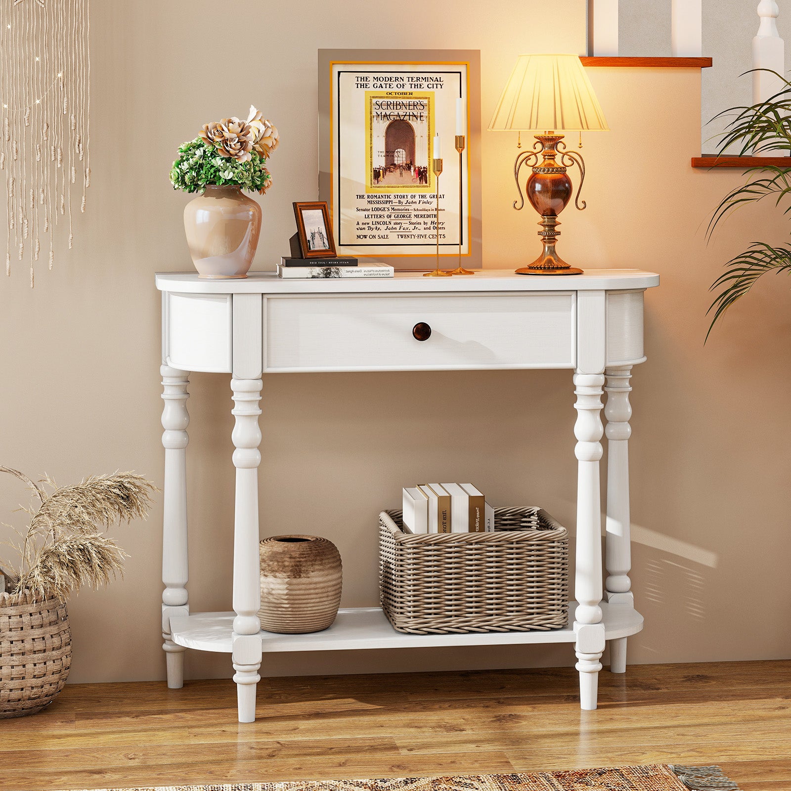 Retro Console Table 36"L Wooden 2-Tier Narrow Behind Couch Foyer Table, White Console Tables at Gallery Canada