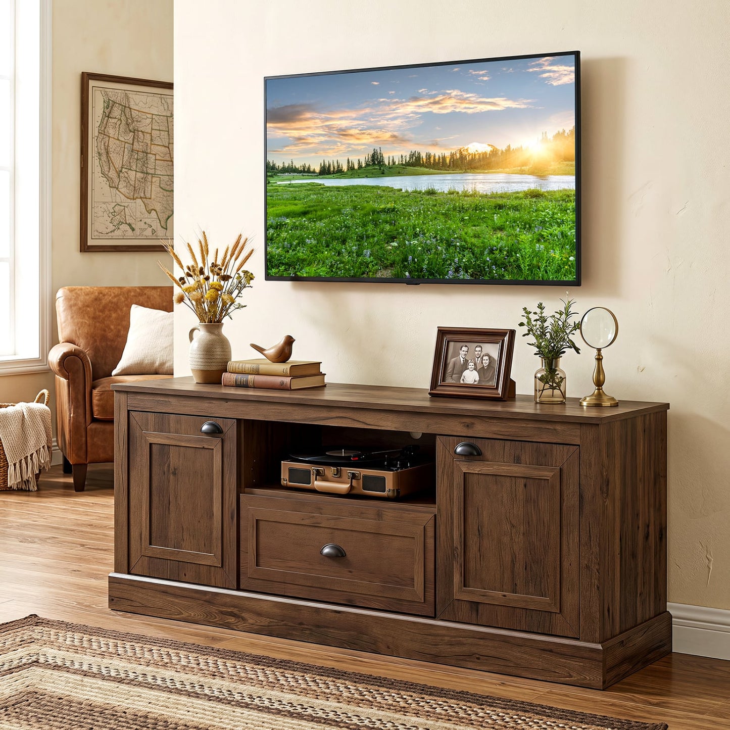 Retro Farmhouse TV Stand for 70 TVs, 2 Doors, Brown