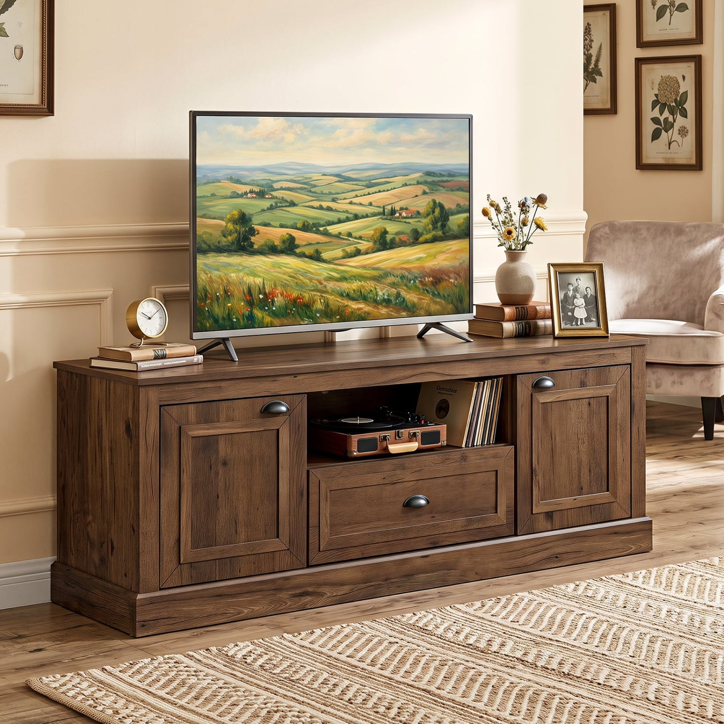 Retro Farmhouse TV Stand for 70 TVs, 2 Doors, Brown