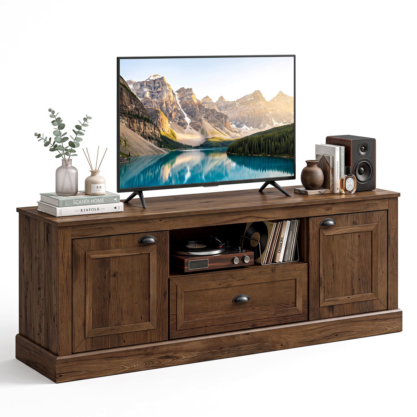 Retro Farmhouse TV Stand for 70 TVs, 2 Doors, Brown