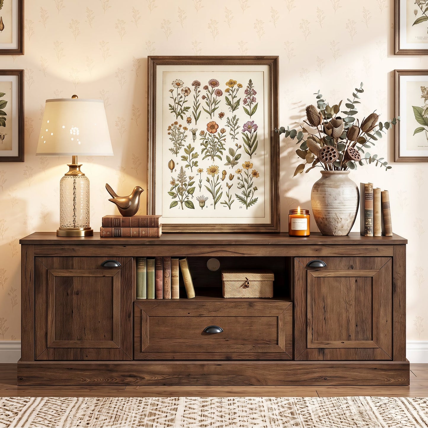 Retro Farmhouse TV Stand for 70 TVs, 2 Doors, Brown