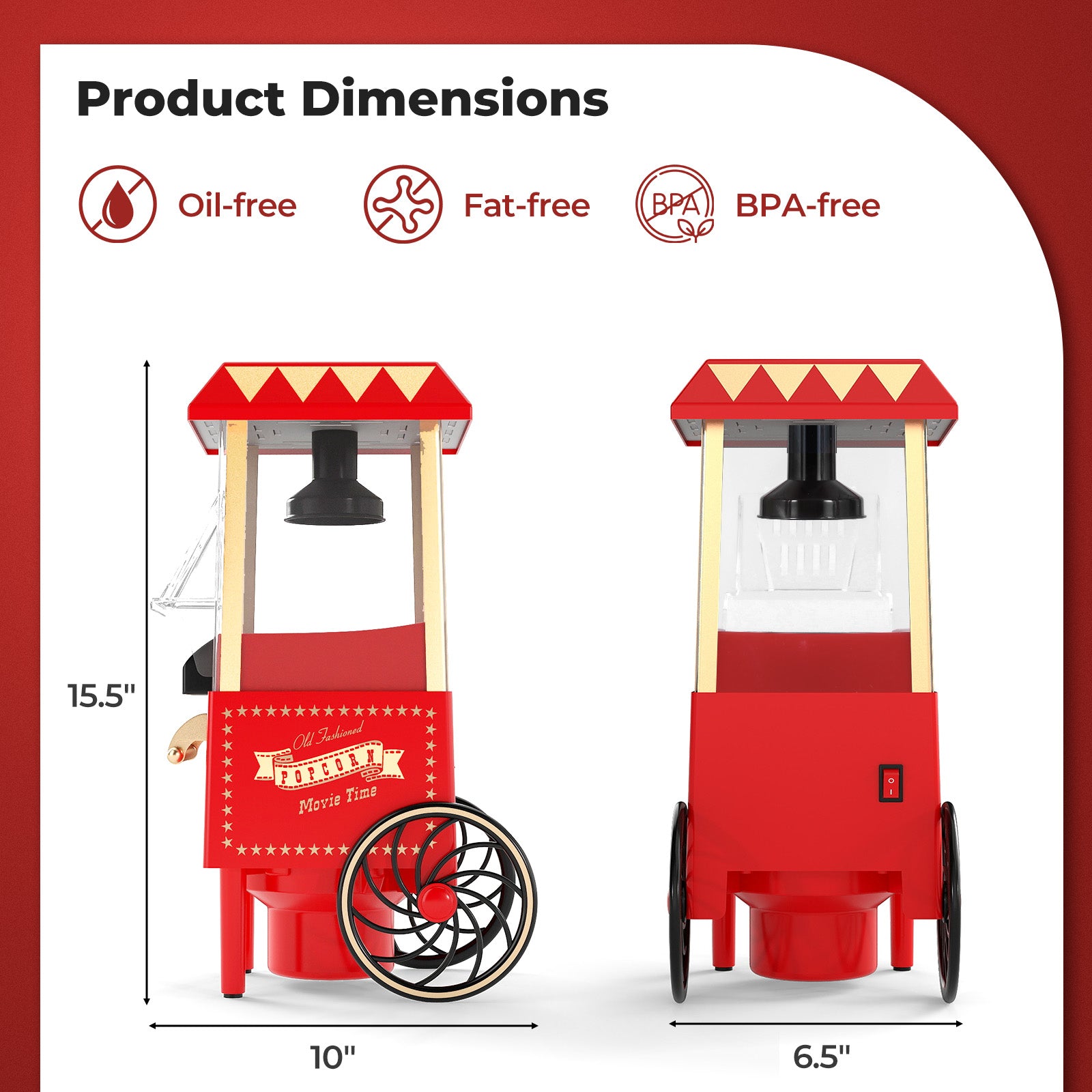 Retro Hot Air Popcorn Maker 1200W with Kernel Measuring Cup, Red Small Appliances at Gallery Canada