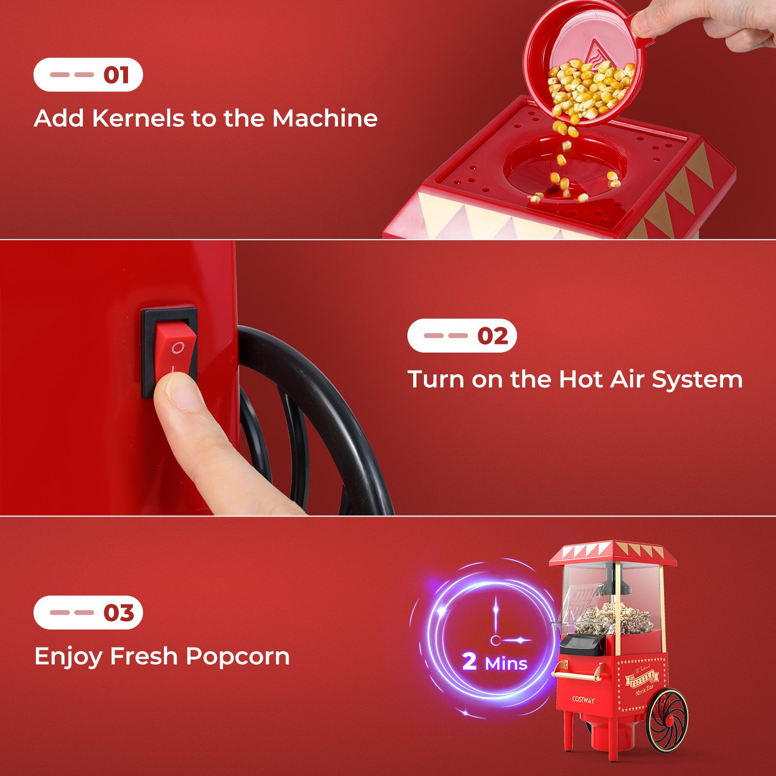 Retro Hot Air Popcorn Maker 1200W with Kernel Measuring Cup, Red Small Appliances at Gallery Canada