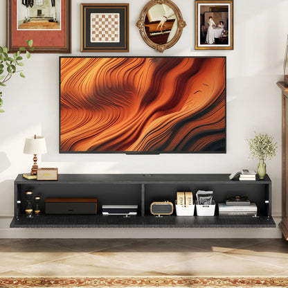 55 Inch Floating TV Stand, Wall Mount Media Console, 2 Fluted Doors, Black TV Stands at Gallery Canada
