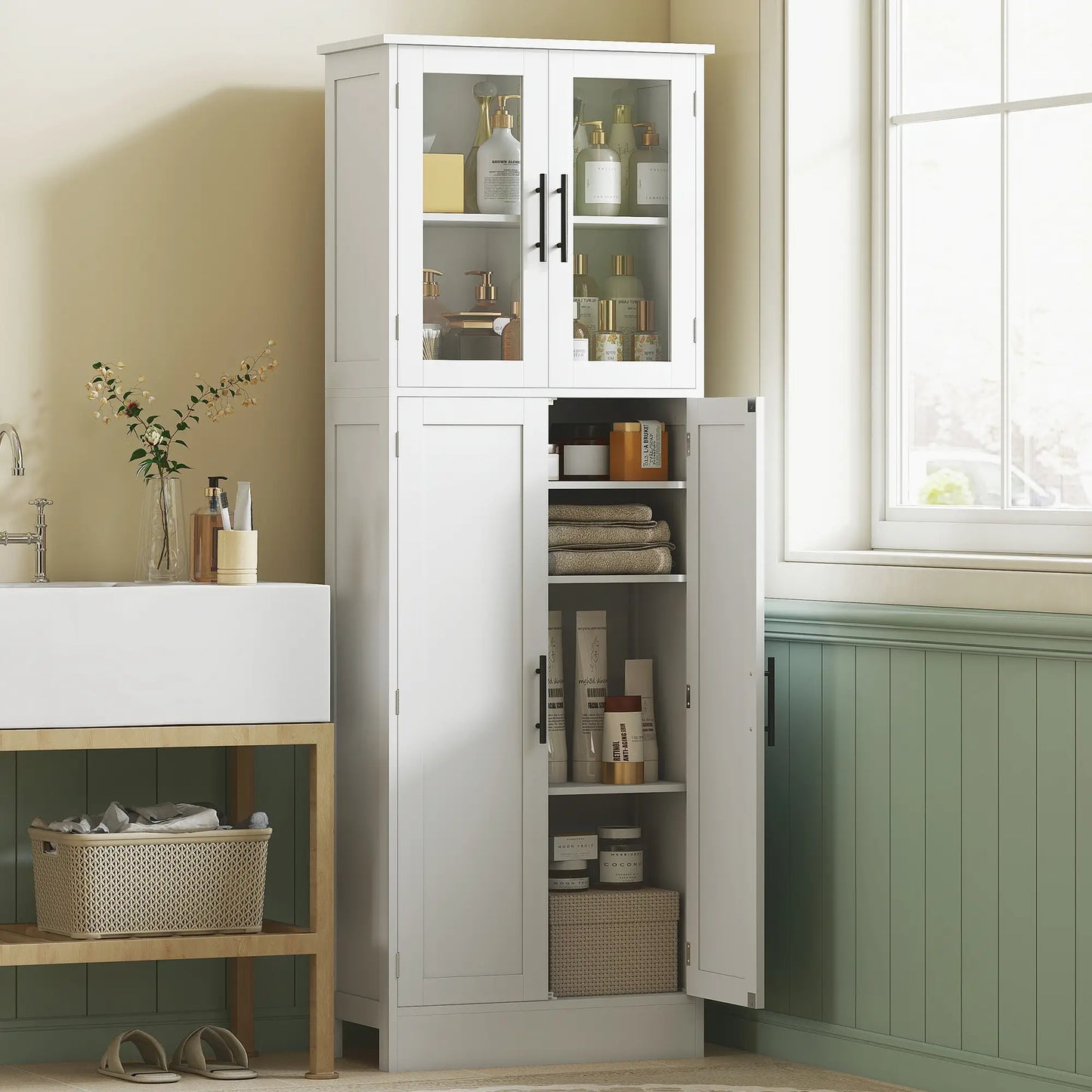 Tall Bathroom Cabinet, Glass Doors, Adjustable Shelves, White Freestanding Bathroom Cabinets at Gallery Canada