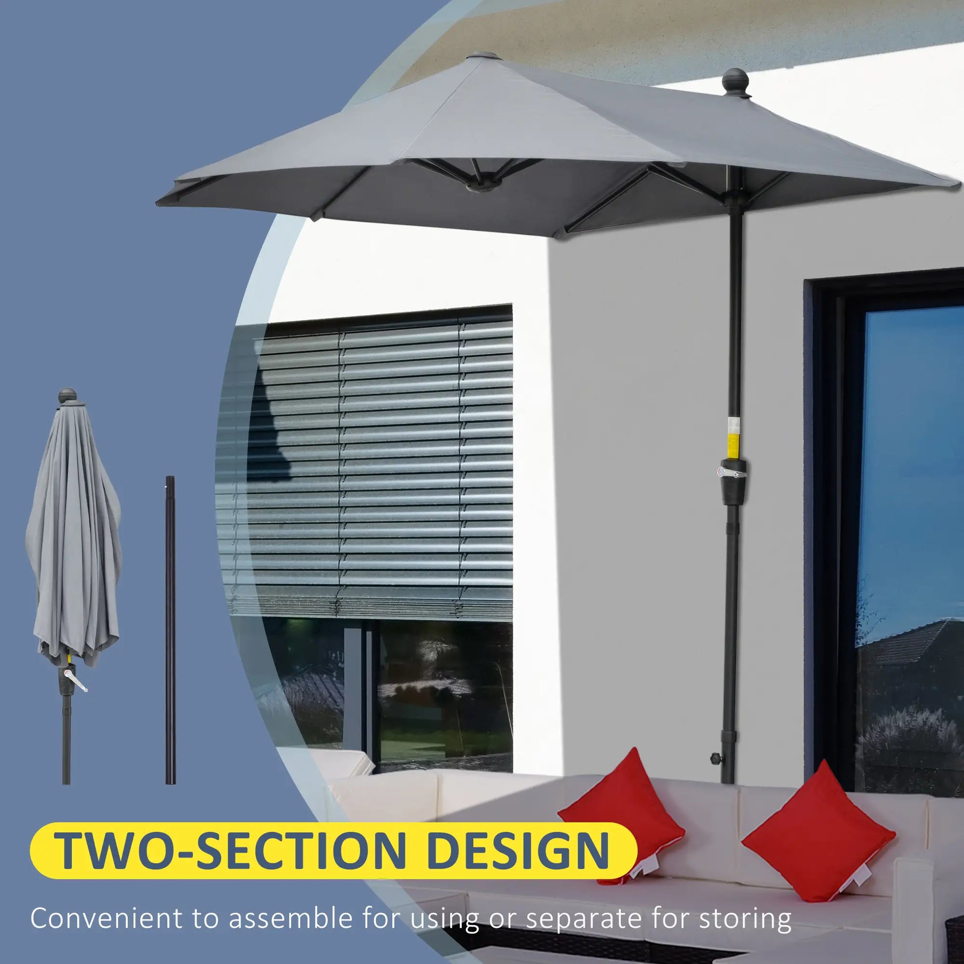 6.6 x 6ft Half Patio Umbrella, Double-Sided Canopy, Crank Handle, Grey Sun Umbrellas at Gallery Canada