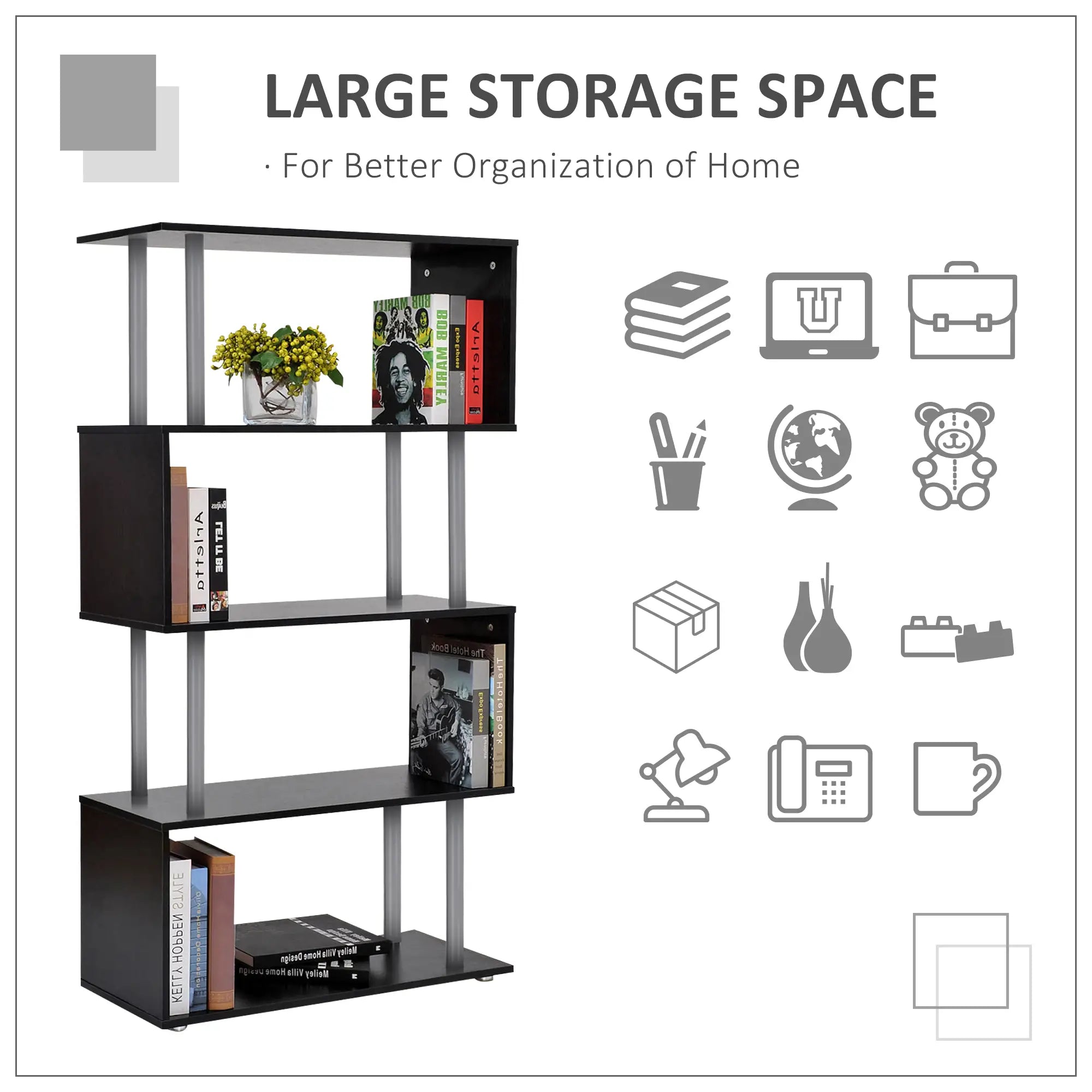 5-Tier Geometric Wooden Bookcase, S-Shaped Storage, Black Display Bookshelves at Gallery Canada