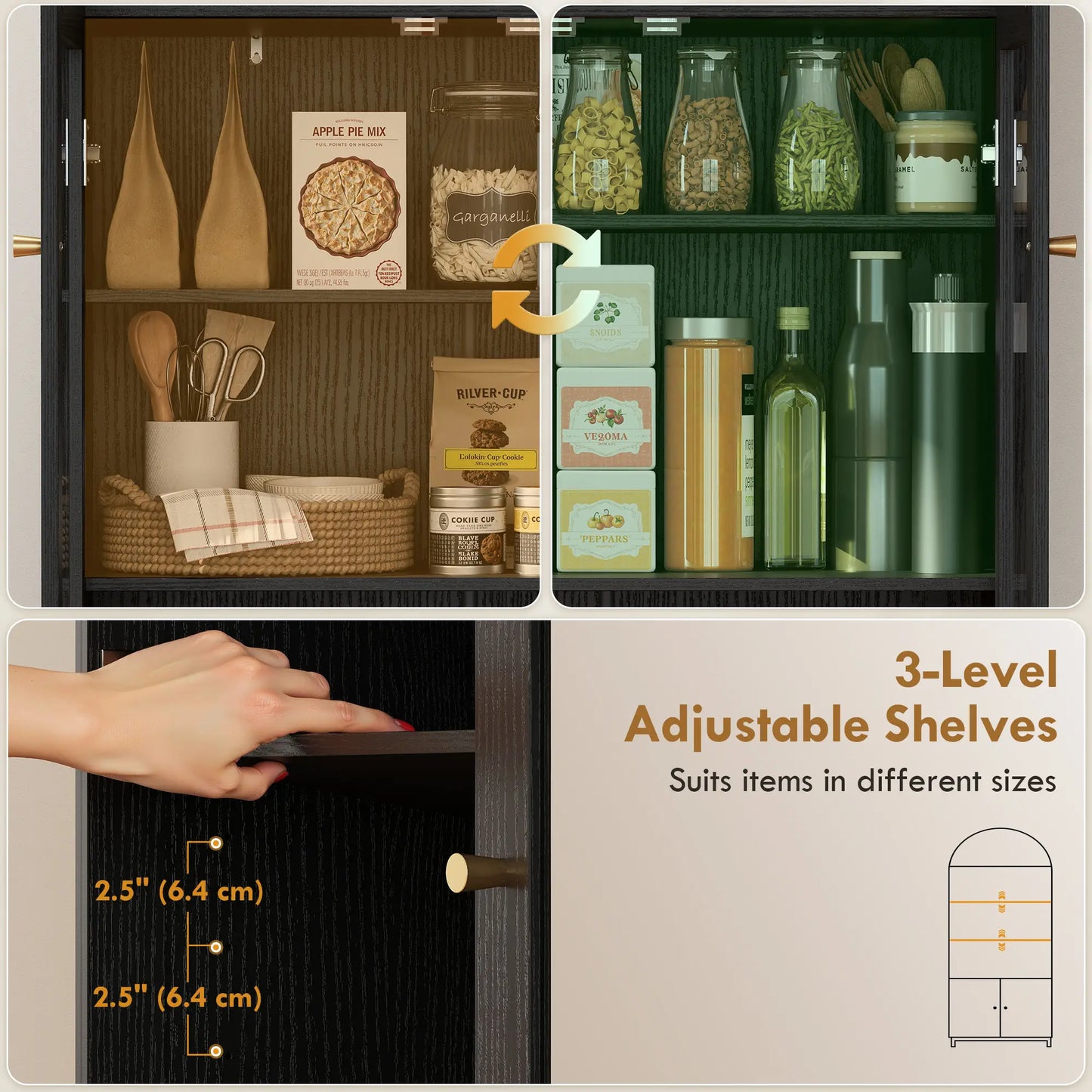 Arched Kitchen Pantry Cabinet, 71" Tall, Adjustable Shelves, Acrylic Doors, Black Kitchen Pantry Cabinets at Gallery Canada