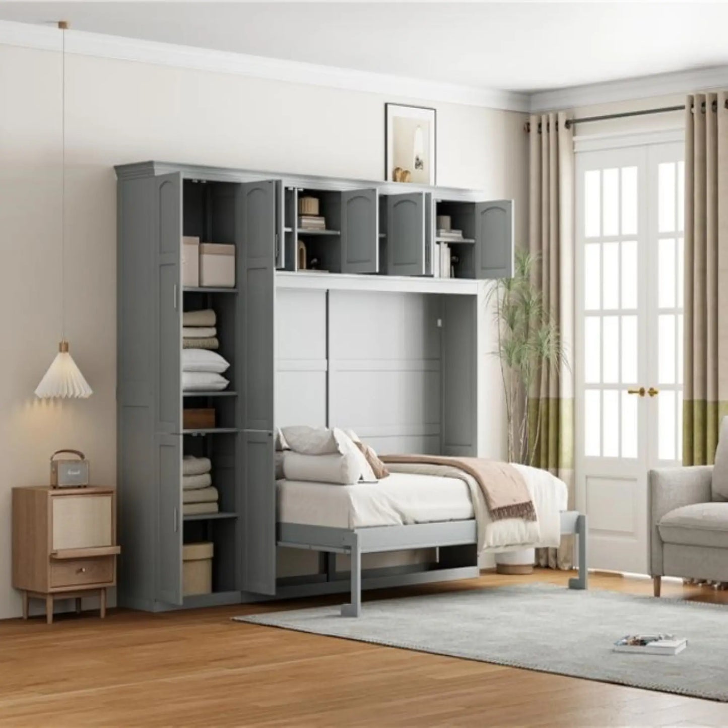 Murphy Bed with Storage, Space-saving Wall Bed, 117.5" L x 16" W x 88" H, Grey Bed Frames at Gallery Canada