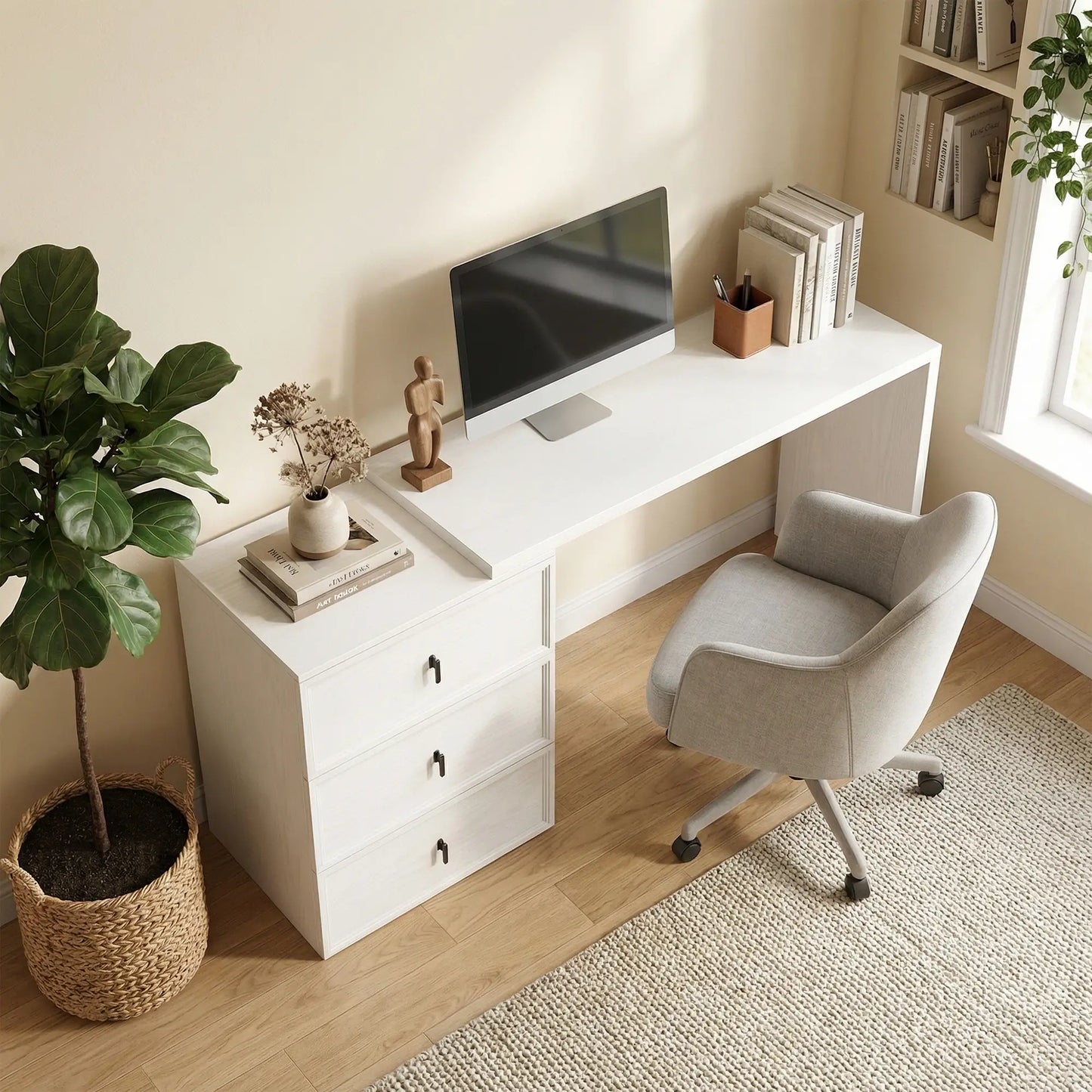 L Shaped Computer Desk, 3 Drawers, White Wood Grain, White Computer Desks at Gallery Canada