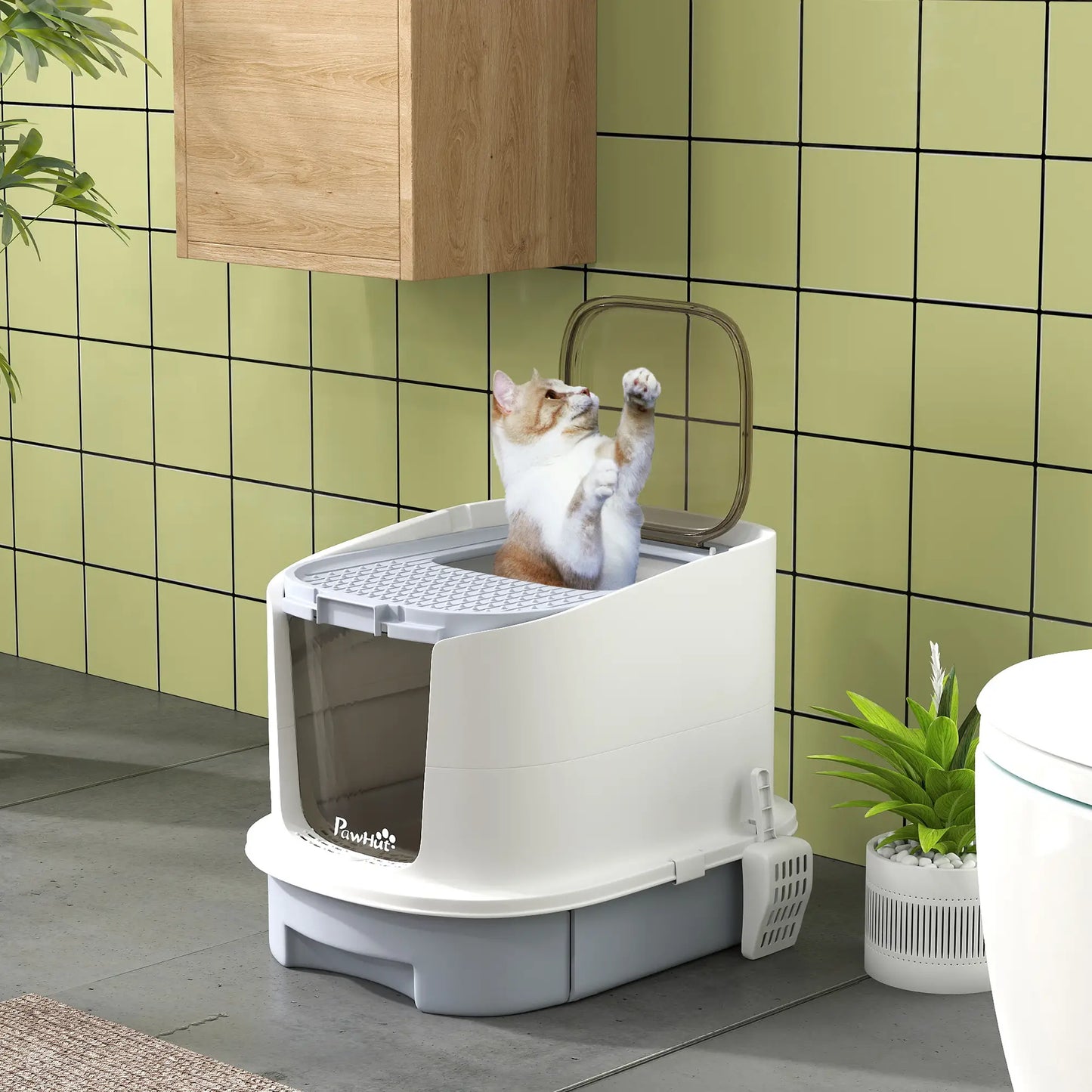 Enclosed Cat Litter Box with Lid, Scoop, Top Entry, Grey Cat Litter Box Enclosures at Gallery Canada