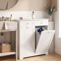 Laundry Cabinet, 2 Removable Bags, Tilt-Out Hamper, 2 Drawers, White