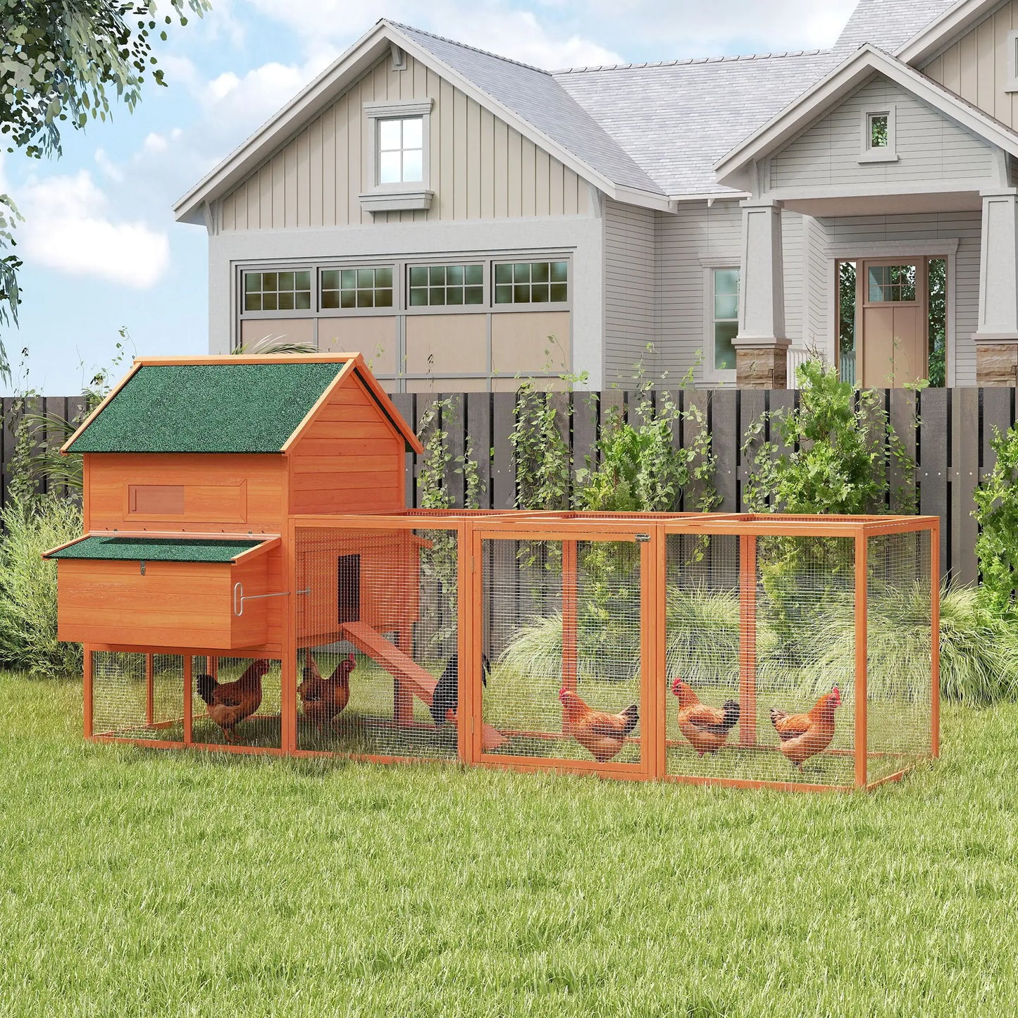 137" Wooden Chicken Coop With Run, Nesting Box, Orange Chicken Coops at Gallery Canada