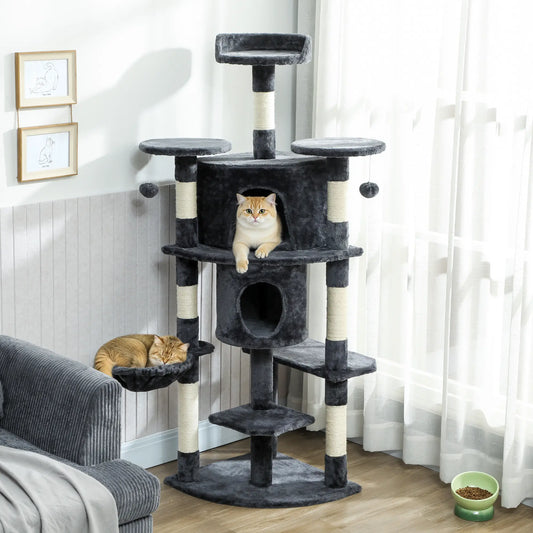 62" Cat Tree, Scratching Post, 2 Condos, Hammock, Perches, Dark Grey Multi-Level Cat Towers Dark Grey, Cream White at Gallery Canada