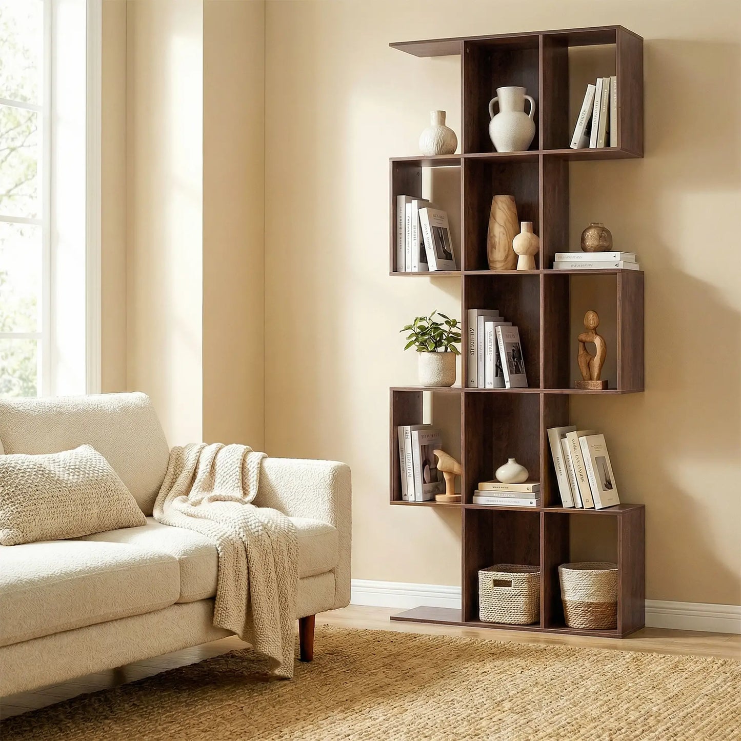 5-Tier S Shaped Geometric Bookshelf, 15 Compartments, Black Wood Grain, Black Display Bookshelves at Gallery Canada