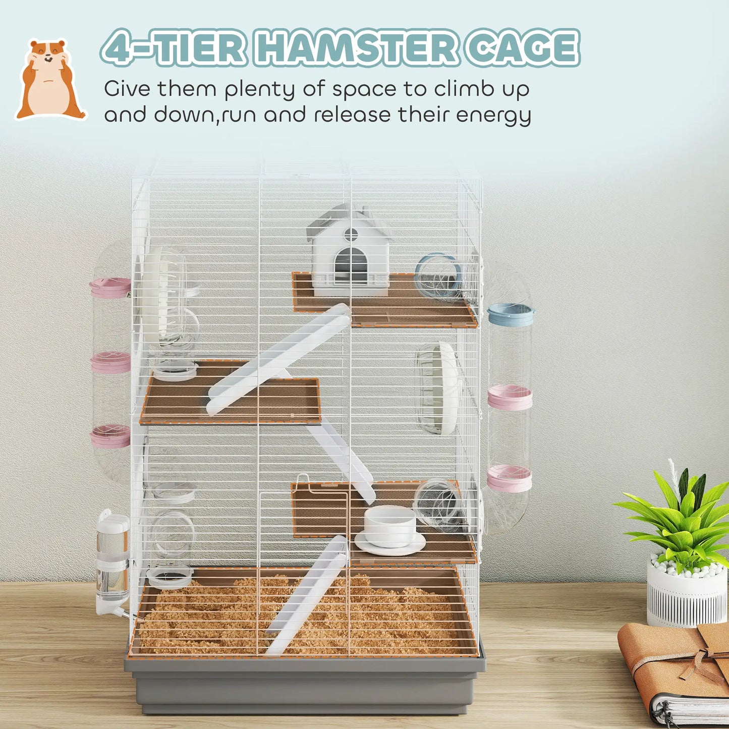 4-Level Large Hamster Cage, DIY Tubes, Water Bottle, Food Dish, Hut, Exercise Wheels, Grey Hamster Cages at Gallery Canada