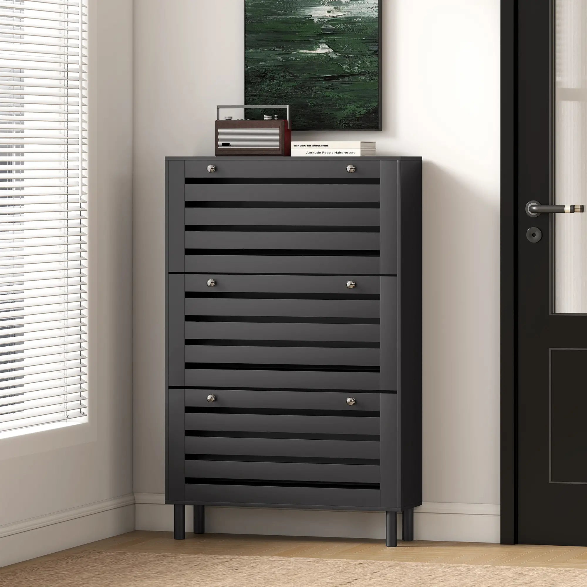 Narrow Shoe Storage Cabinet, 3 Flip Drawers, Adjustable Shelves, 24 Pairs, Black Shoe Storage Cabinets & Racks at Gallery Canada