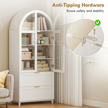 71" Tall White Arched Kitchen Pantry Cabinet, Shelves, 2 Drawers, Acrylic Doors, White Kitchen Pantry Cabinets at Gallery Canada