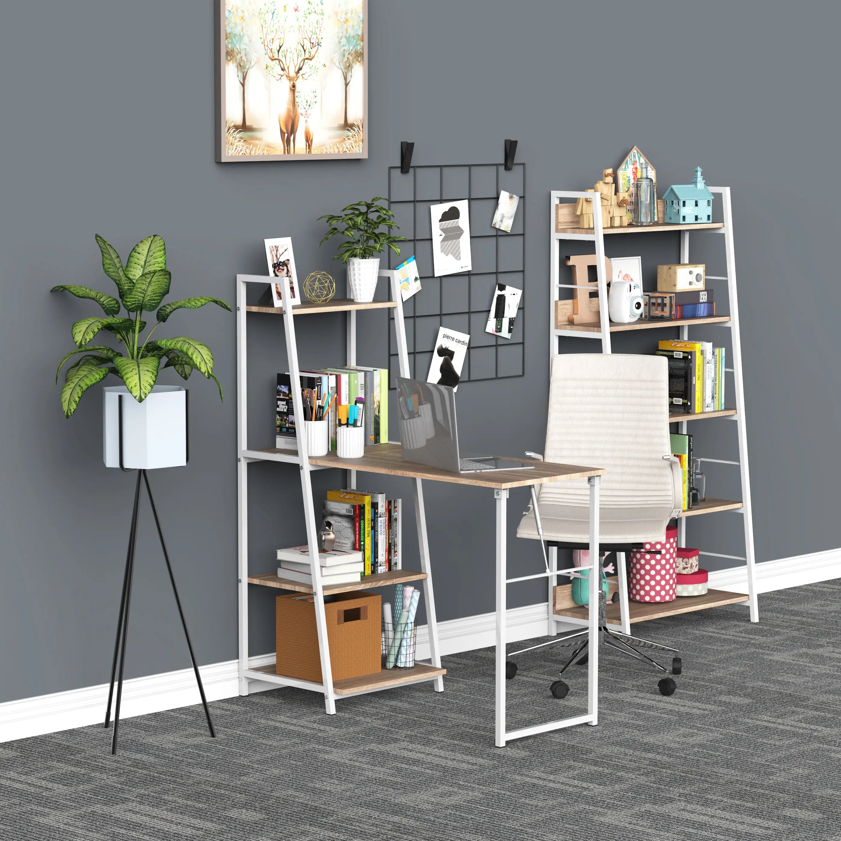 Computer Desk with Storage Shelves, Foldable Tabletop, White, Natural Writing Desks at Gallery Canada