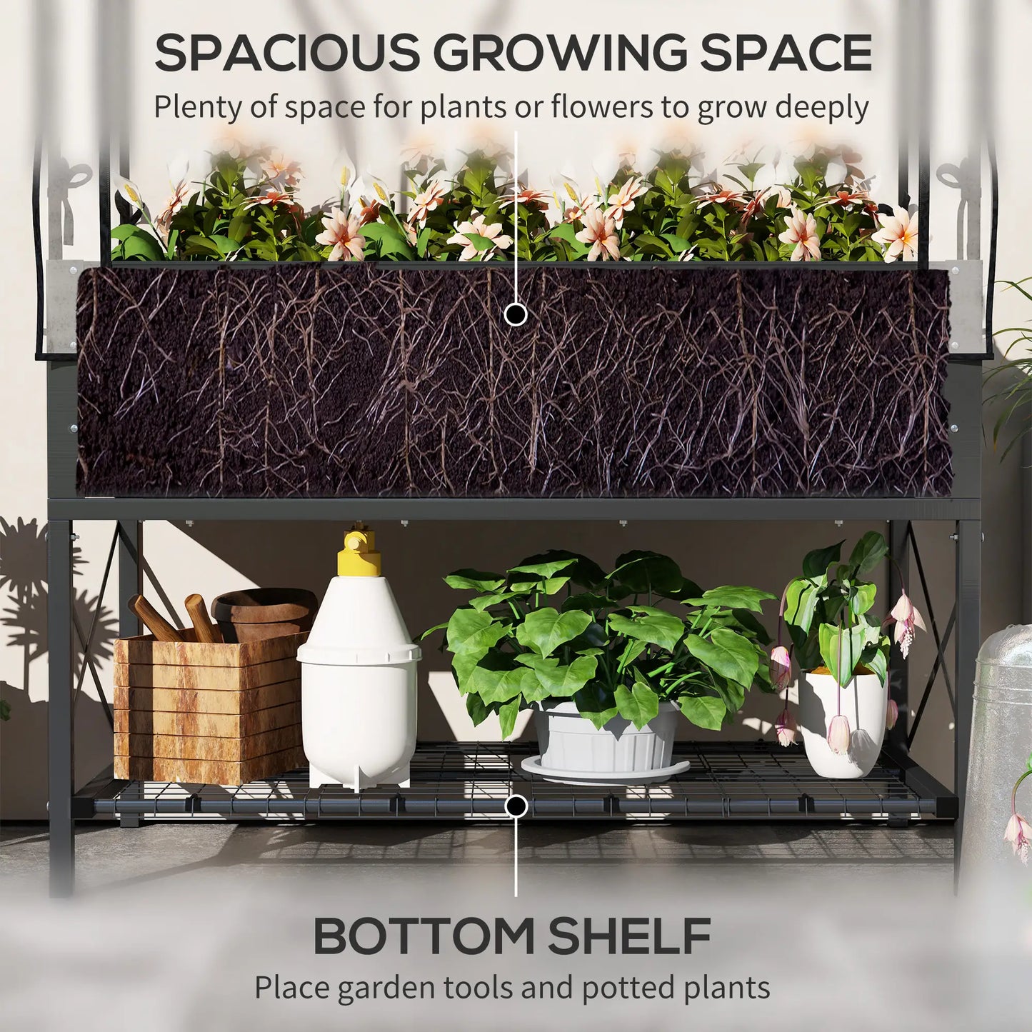 Metal Raised Garden Bed With Cover, With Bottom Shelf And Liner, Dark Grey