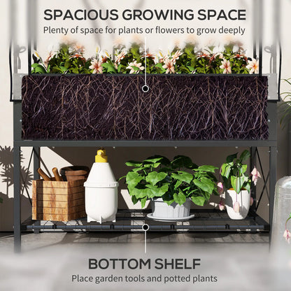 Metal Raised Garden Bed With Cover, With Bottom Shelf And Liner, Dark Grey