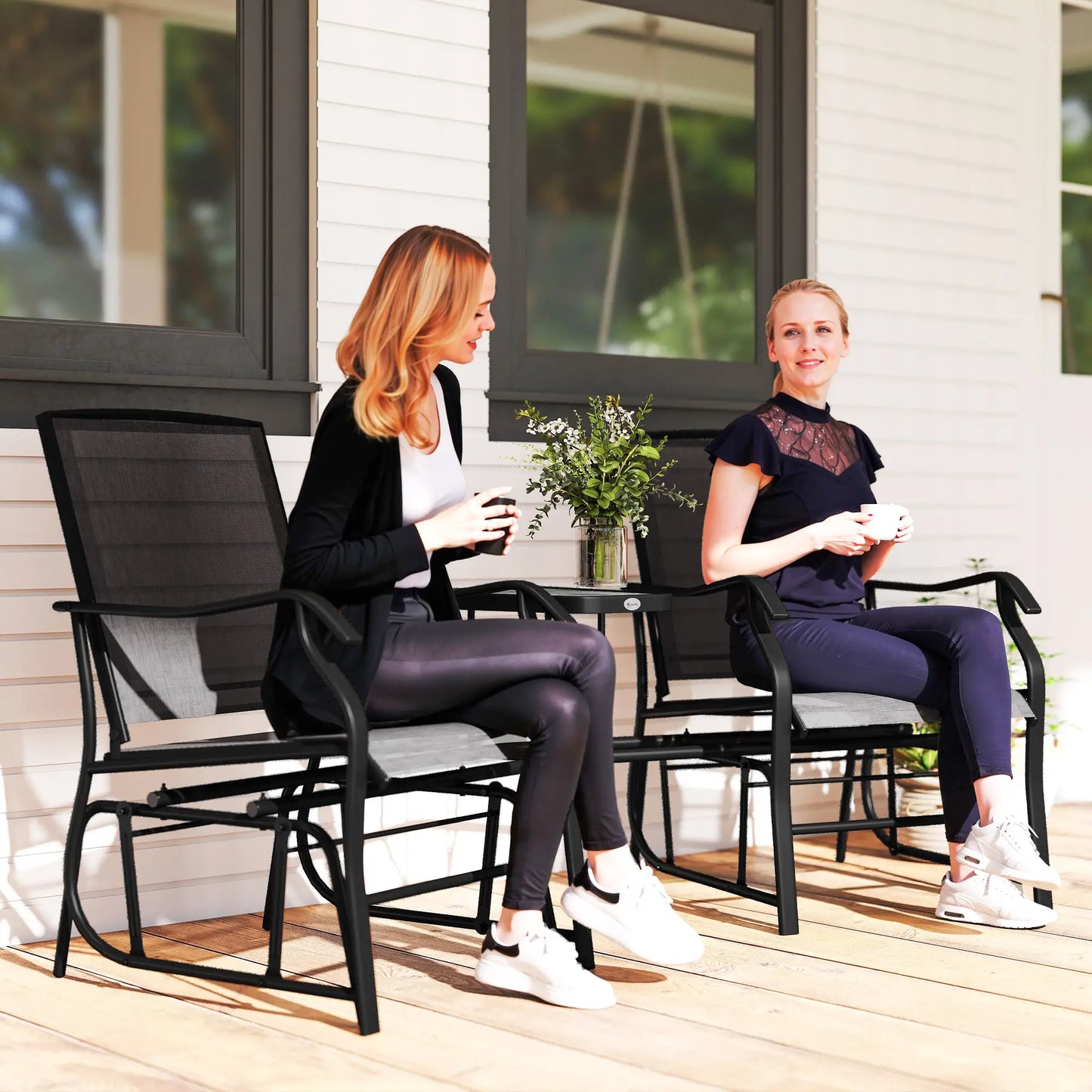 Double Glider Chair with Glass Table, Outdoor High Back, Black Outdoor Gliders at Gallery Canada