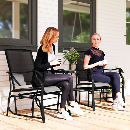 Double Glider Chair with Glass Table, Outdoor High Back, Black