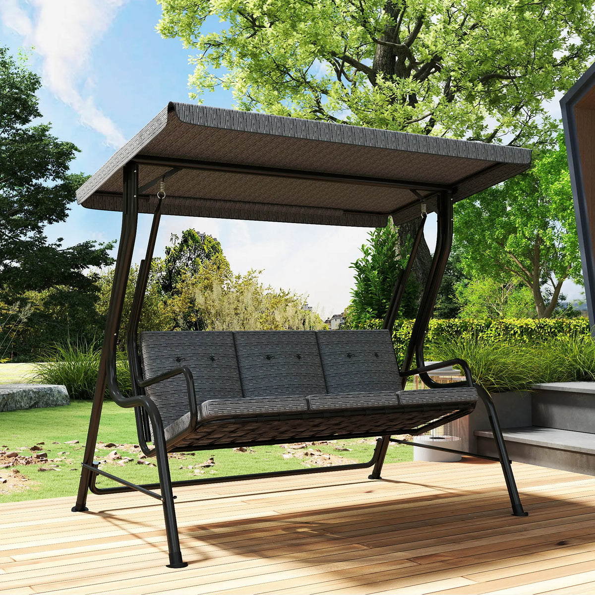3-Person Patio Swing Bench With Canopy, Grey Patio Swings with Stand at Gallery Canada