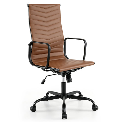 Ribbed High Back PU Leather Office Chair, Adjustable, Brown