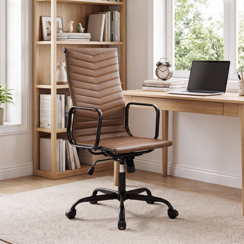 Ribbed High Back PU Leather Office Chair, Adjustable, Brown