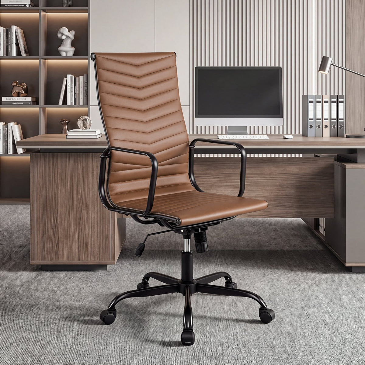 Ribbed High Back PU Leather Office Chair, Adjustable, Brown Office Chairs at Gallery Canada