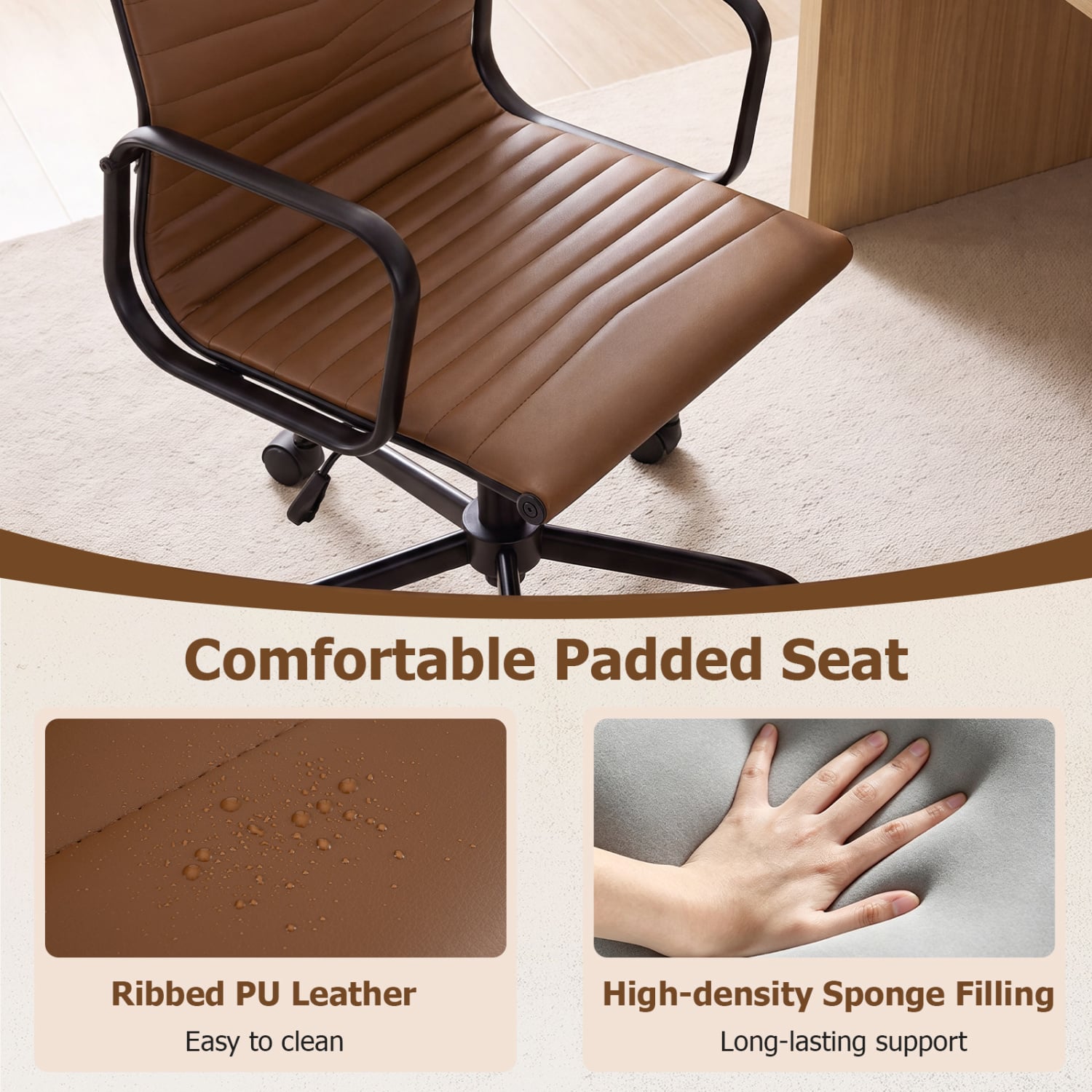 Ribbed High Back PU Leather Office Chair, Adjustable, Brown Office Chairs at Gallery Canada