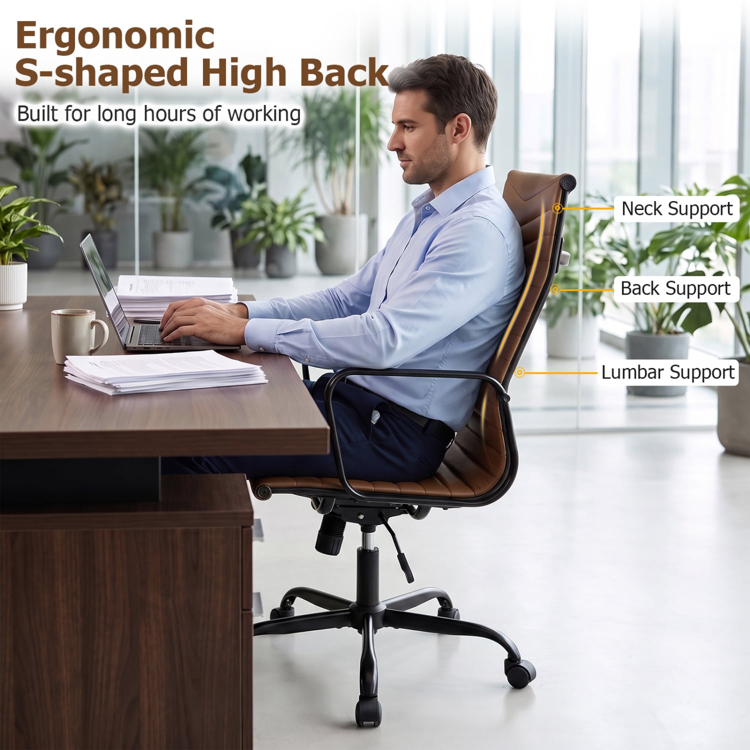 Ribbed High Back PU Leather Office Chair, Adjustable, Brown Office Chairs at Gallery Canada