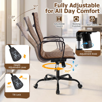 Ribbed High Back PU Leather Office Chair, Adjustable, Brown Office Chairs at Gallery Canada