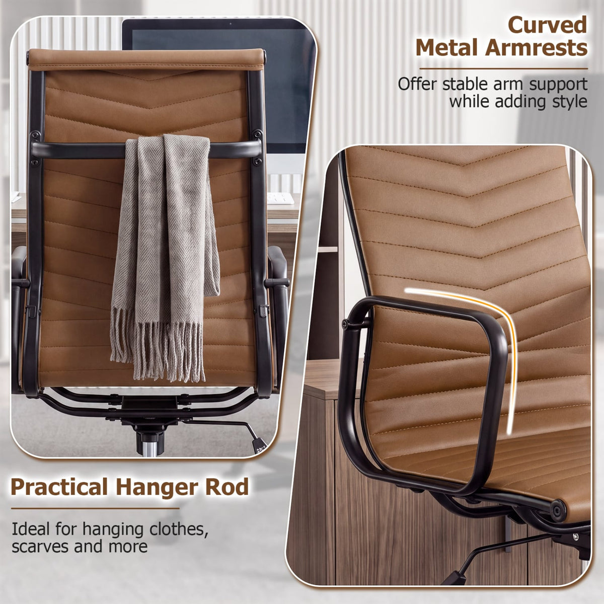 Ribbed High Back PU Leather Office Chair, Adjustable, Brown Office Chairs at Gallery Canada