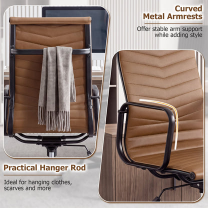 Ribbed High Back PU Leather Office Chair, Adjustable, Brown Office Chairs at Gallery Canada