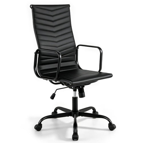 Ribbed Office Chair, High Back PU Leather, Adjustable Height, Black