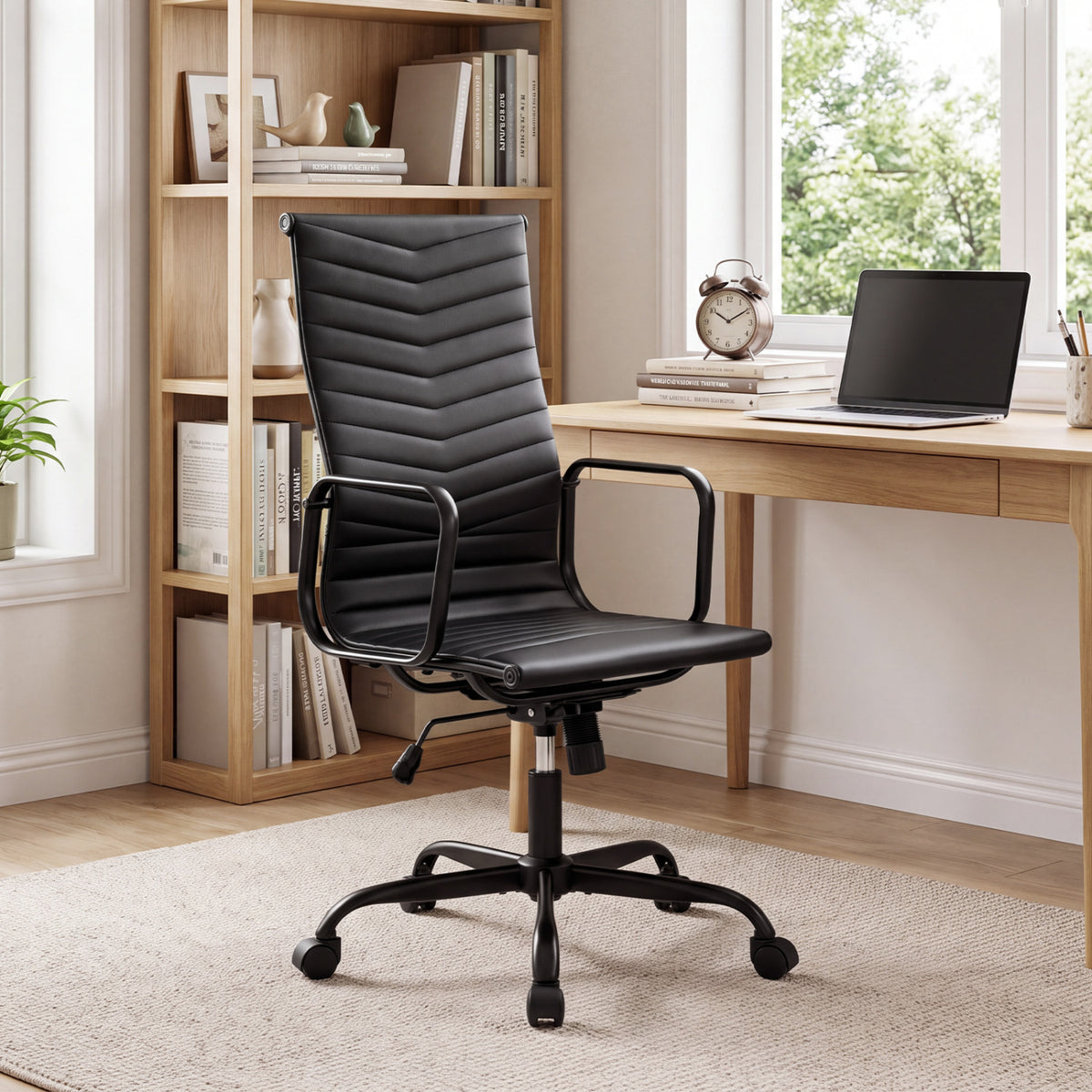 Ribbed High Back Office Chair, PU Leather, Adjustable, Black