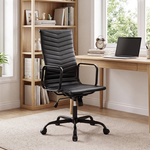 Ribbed Office Chair, High Back PU Leather, Adjustable Height, Black