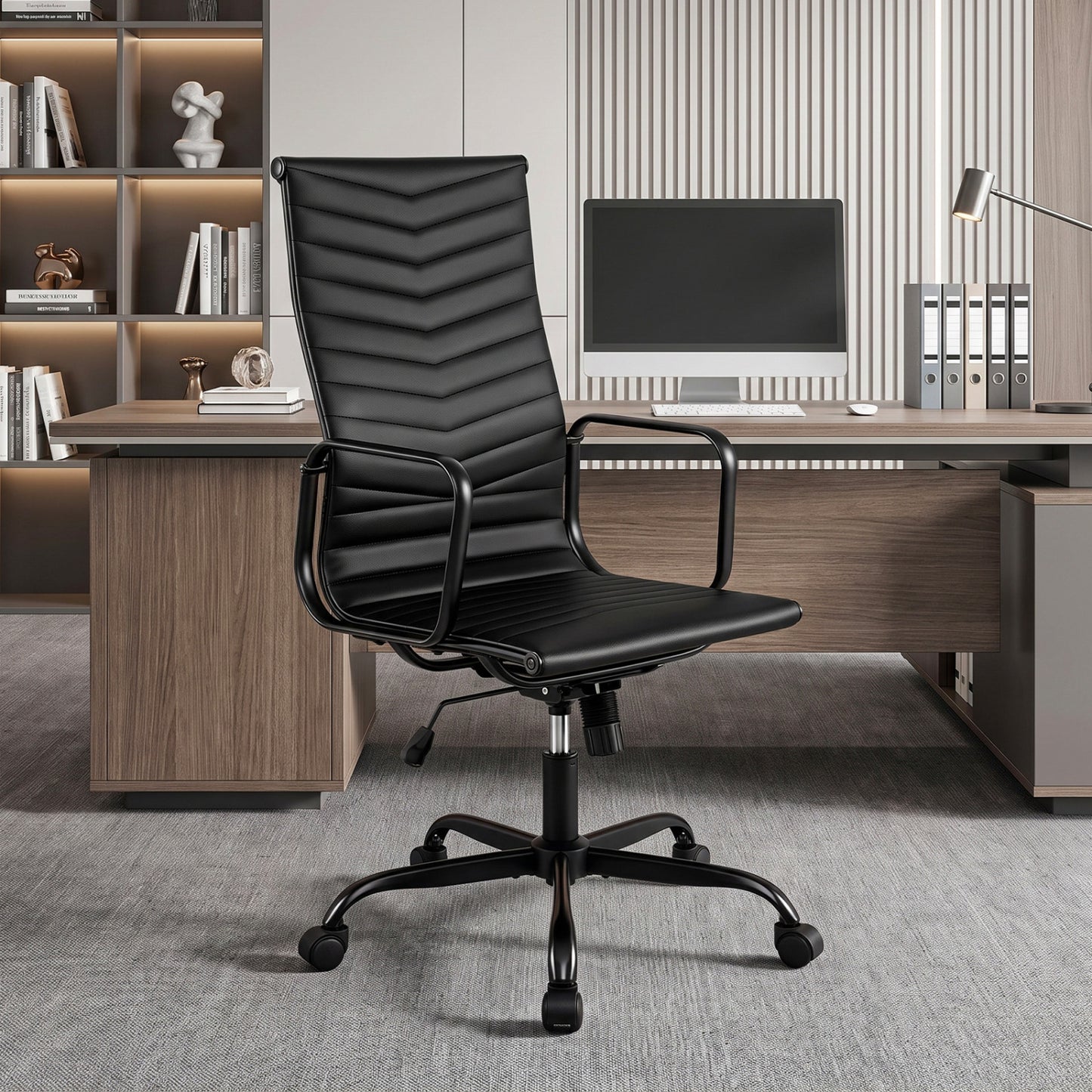 Ribbed High Back Office Chair, PU Leather, Adjustable, Black
