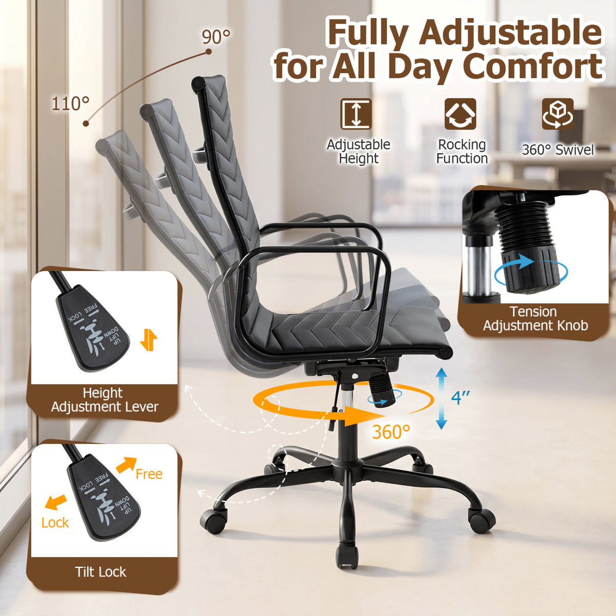 Ribbed High Back Office Chair, PU Leather, Adjustable, Black