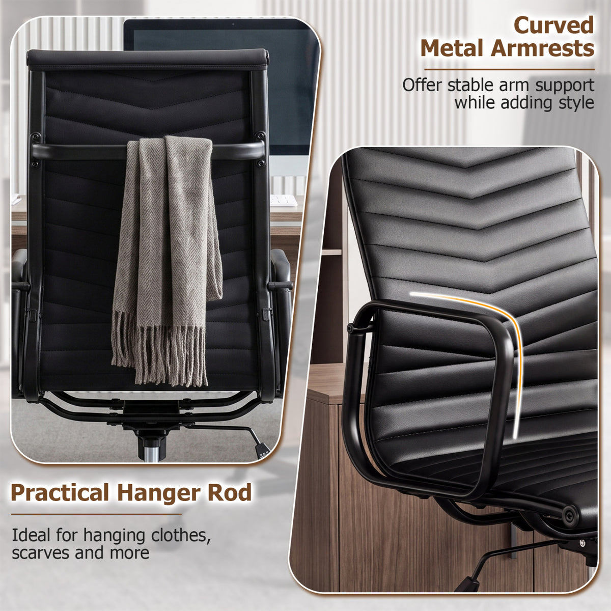 Ribbed High Back Office Chair, PU Leather, Adjustable, Black