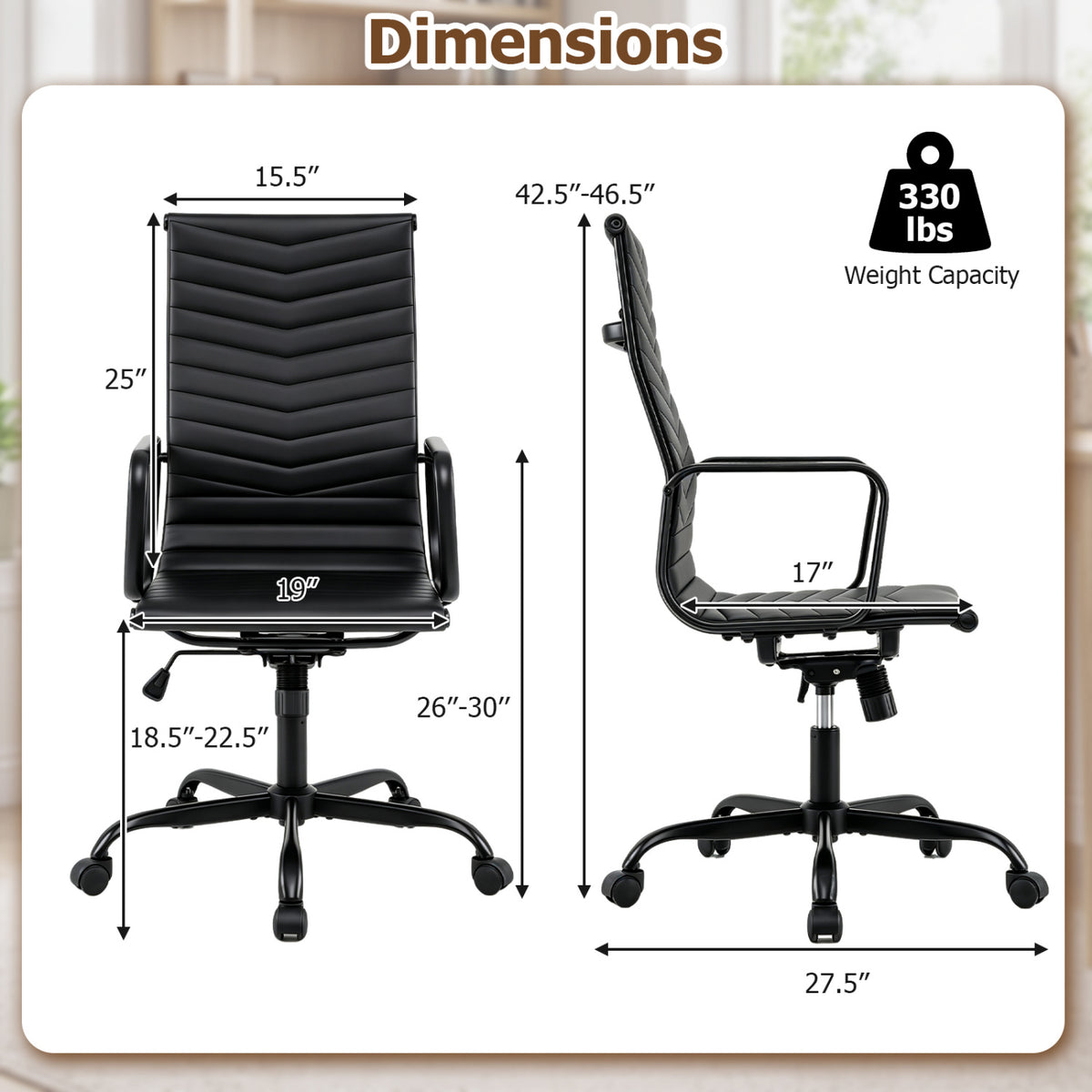 Ribbed High Back Office Chair, PU Leather, Adjustable, Black