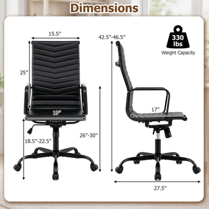 Ribbed High Back Office Chair, PU Leather, Adjustable, Black
