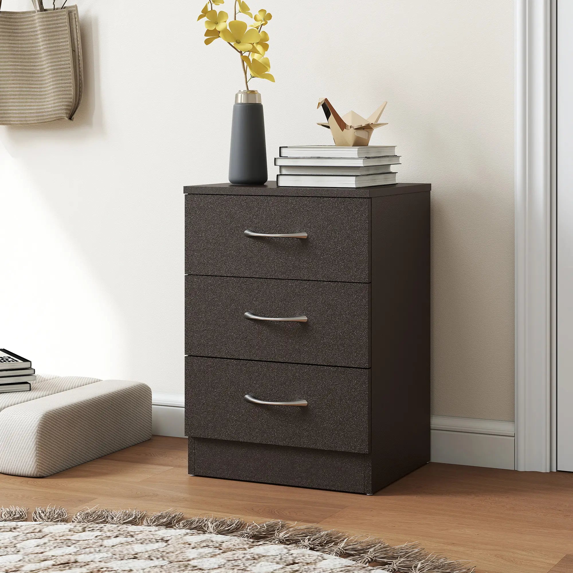 Bedside Table, 3 Drawers, Metal Rail, Dark Brown Bedside Tables at Gallery Canada