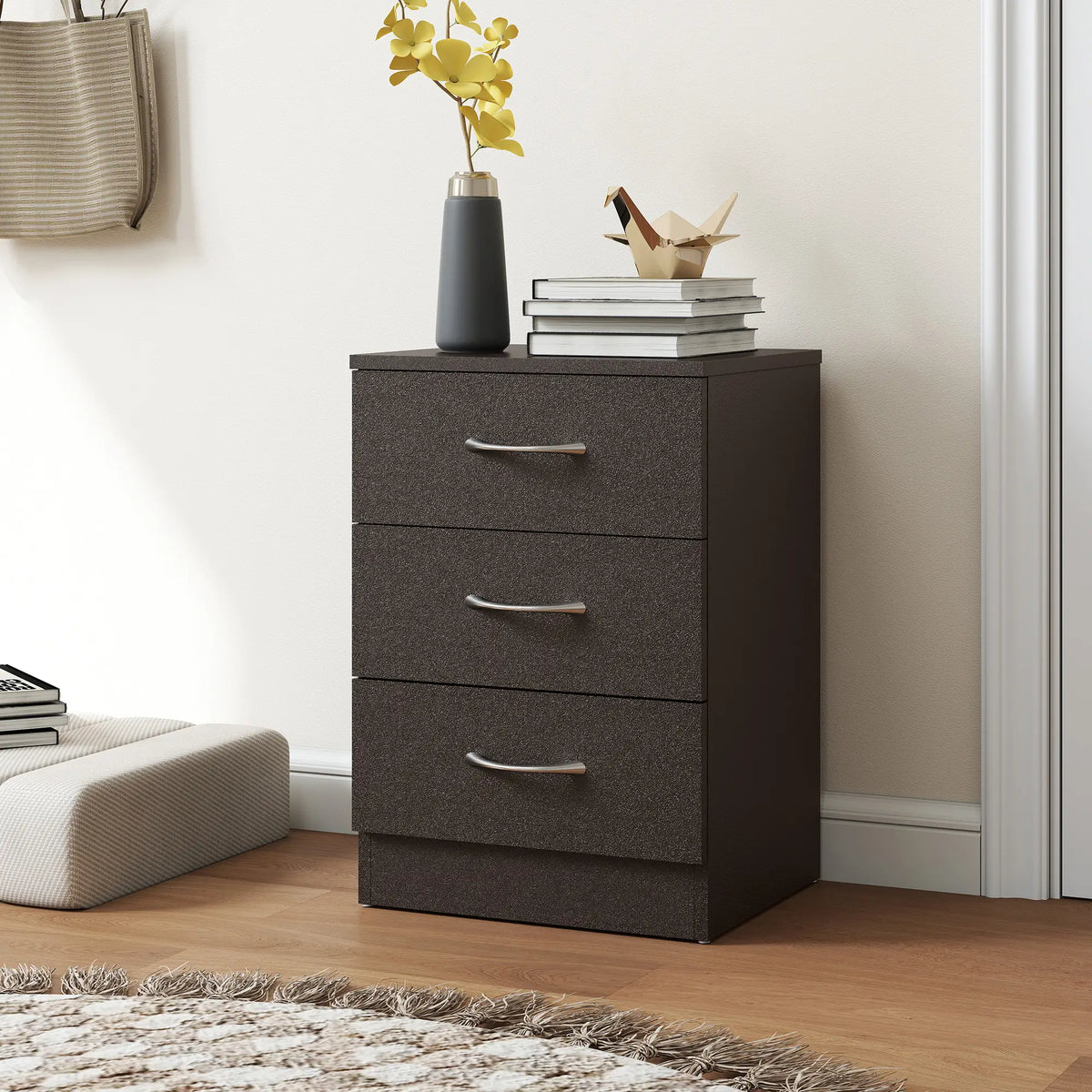 Bedside Table, 3 Drawers, Metal Rail, Dark Brown Bedside Tables at Gallery Canada