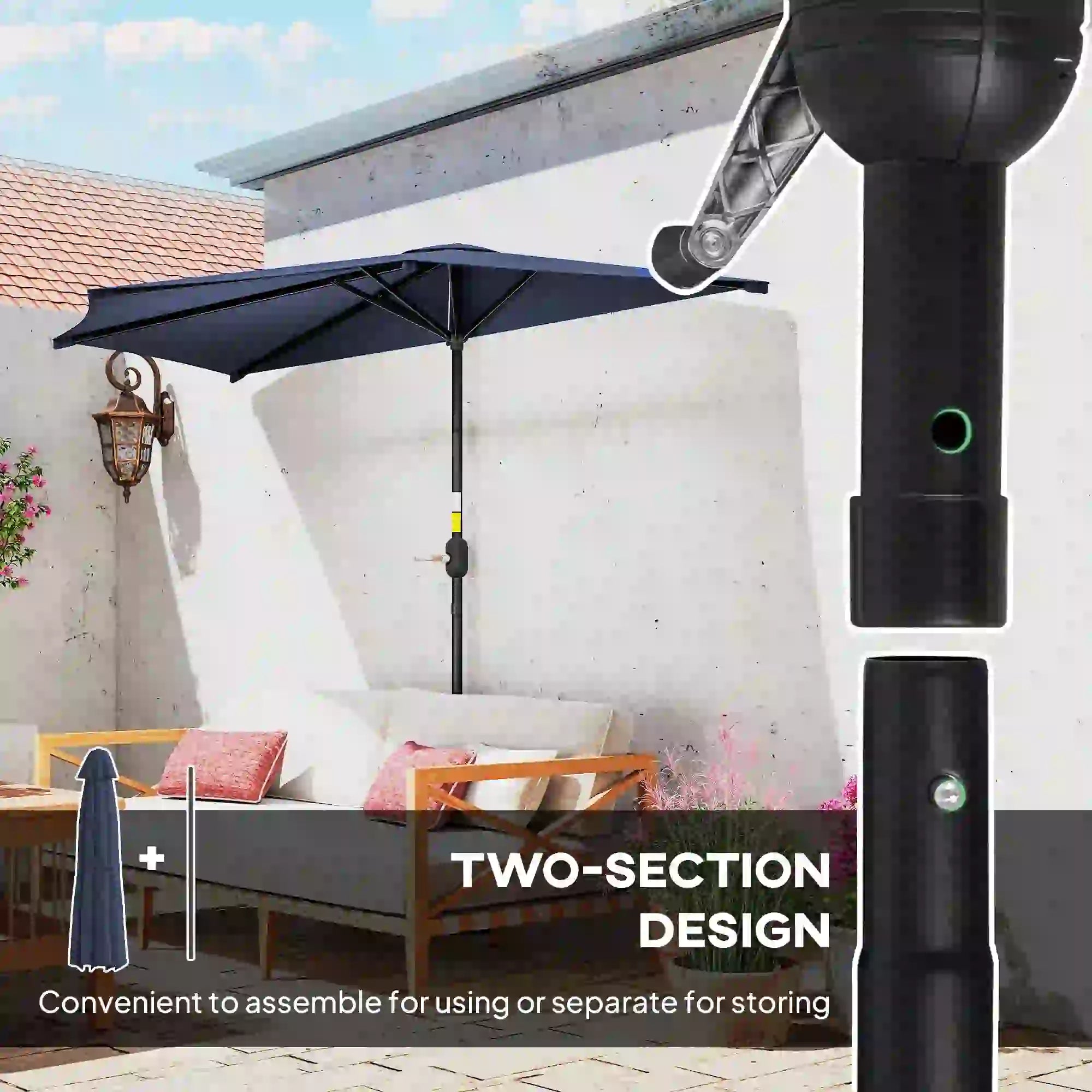 9.8ft Half Umbrella, Semi Round Patio Parasol, Crank Handle, Top Vent, Dark Blue Half Round Umbrellas at Gallery Canada